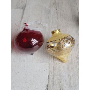 Blown glass pointed red gold trim set ornament Xmas mistletoe
